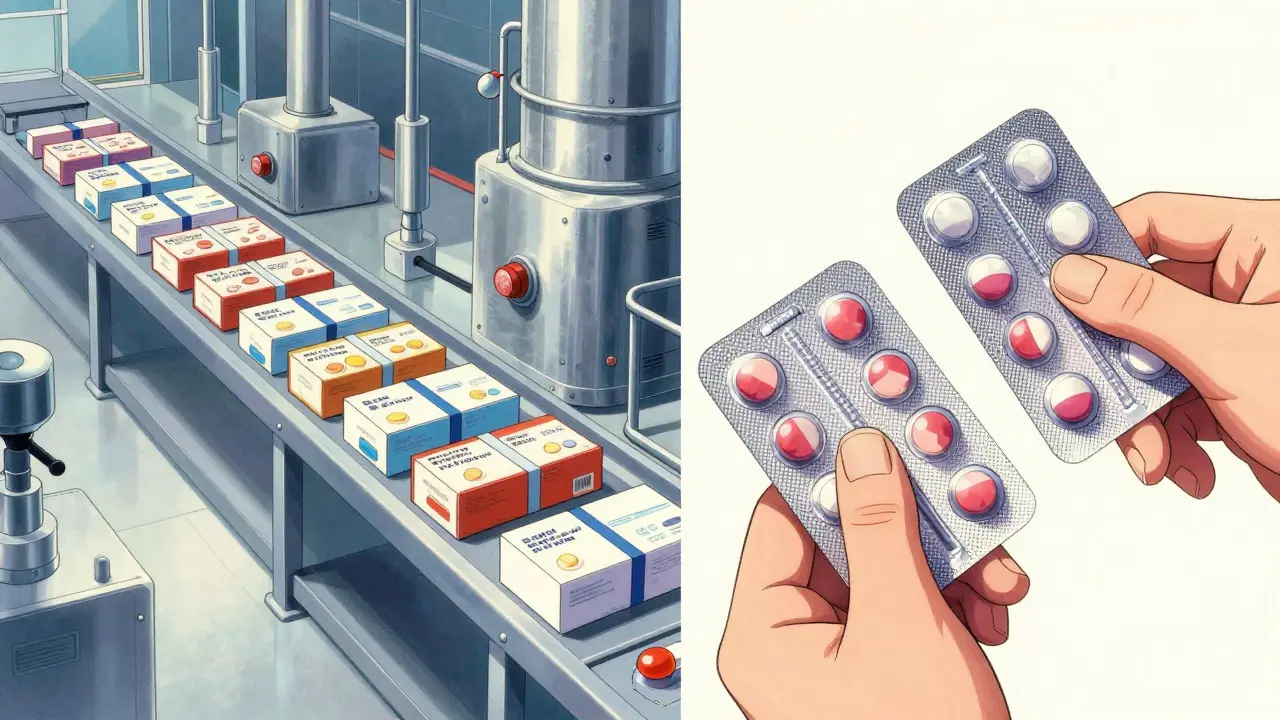 Retro anime illustration of factory producing identical pills in different boxes