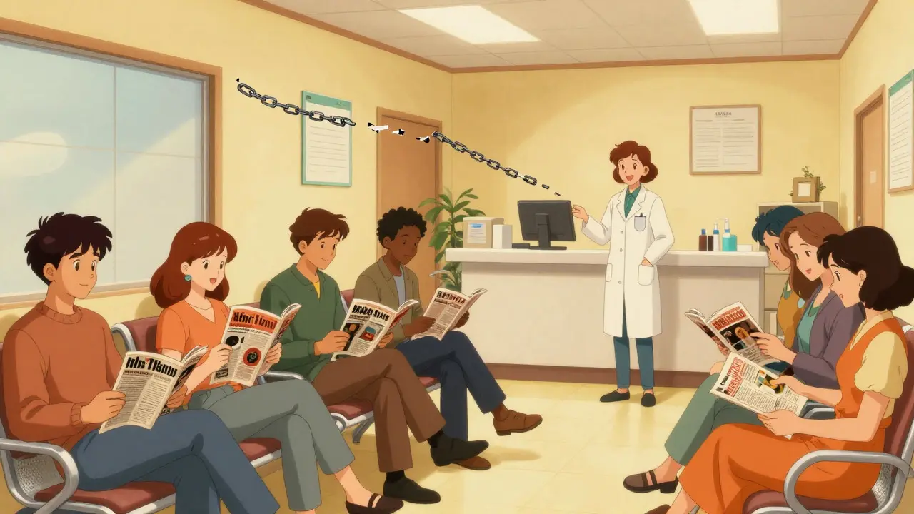 Retro anime scene of relaxed patients in a friendly doctor's office