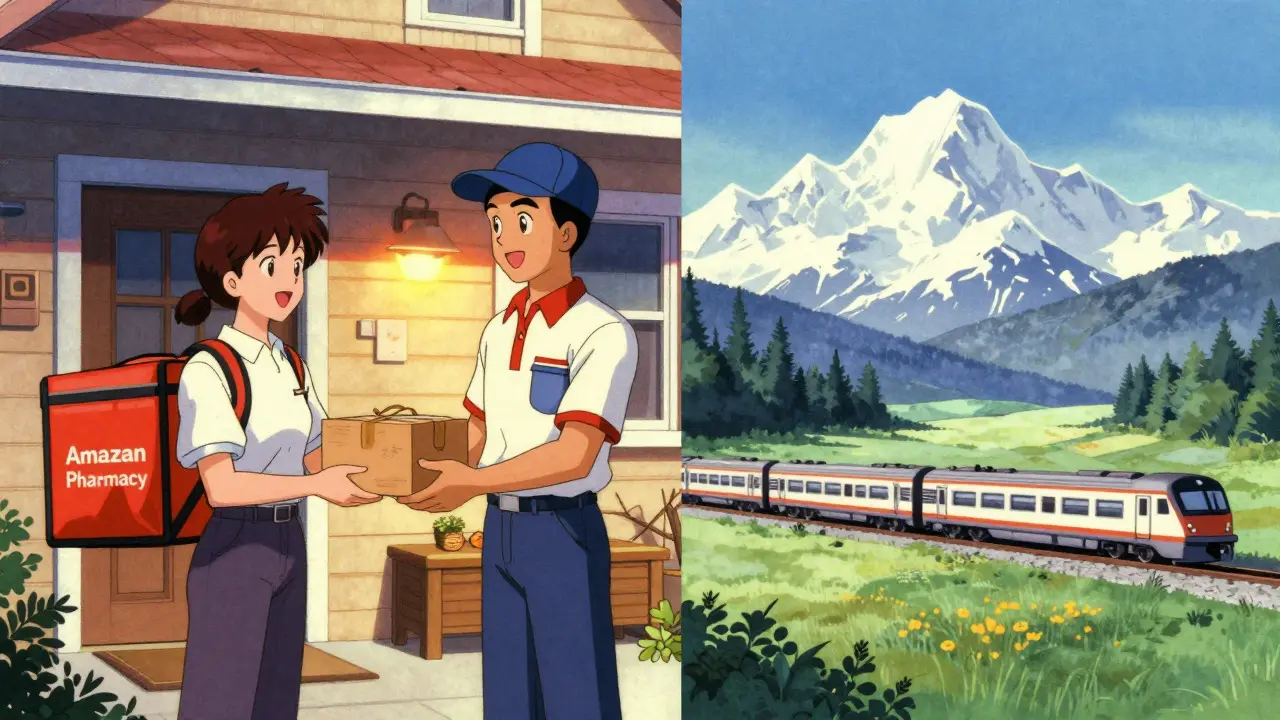 Split scene showing home delivery and Canadian border landscape