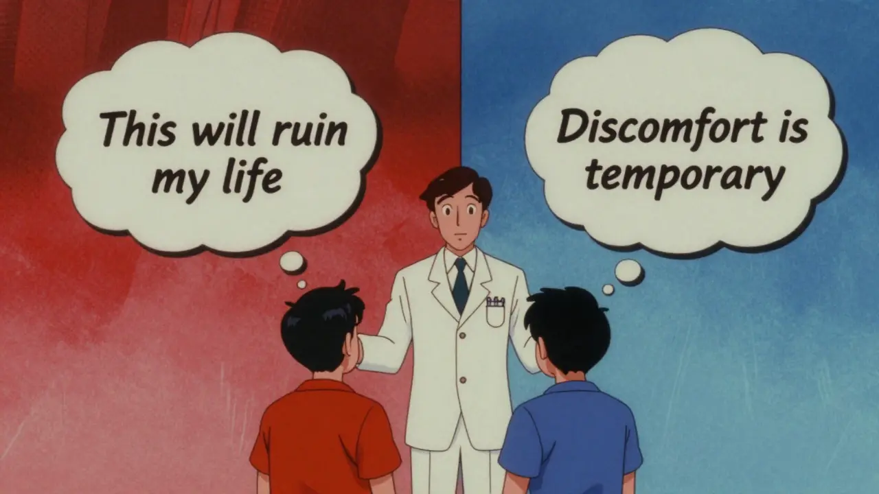 Split screen showing chaotic vs calm thoughts during CBT therapy session
