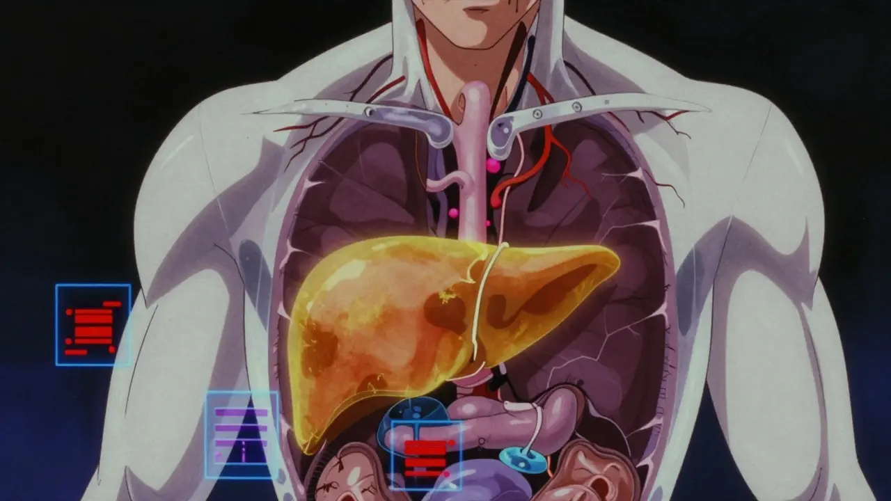 Stylized anime torso showing inflamed liver and medical data overlays