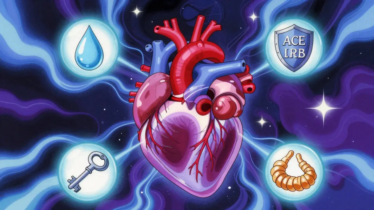 Stylized heart surrounded by glowing orbs representing different blood pressure drug classes