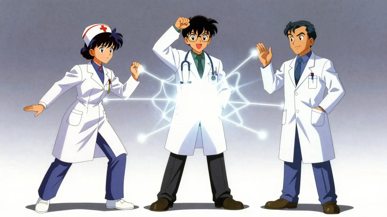 Three healthcare workers connected by glowing lines in anime style