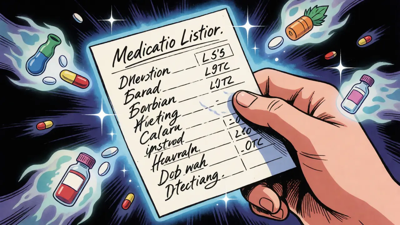 Hand holding glowing medication list shielding against supplement icons