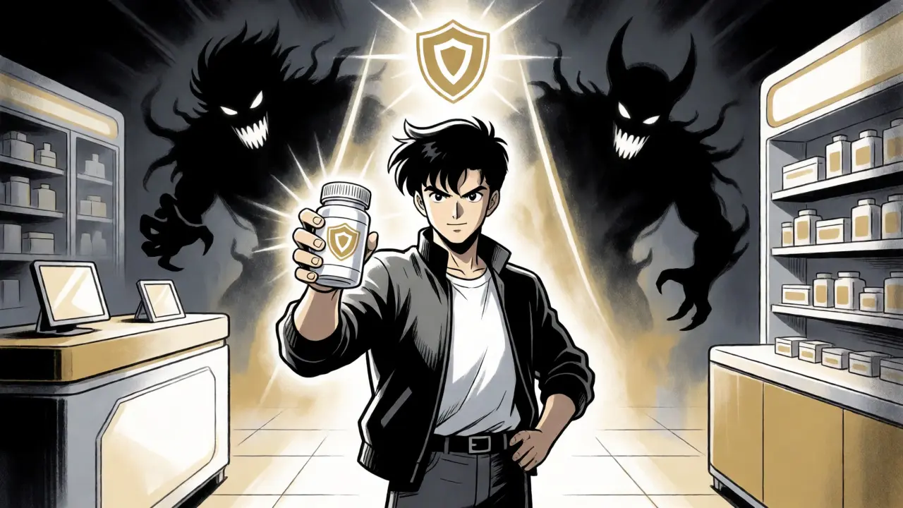 Heroic figure protected from counterfeit drugs by verified safety badge.