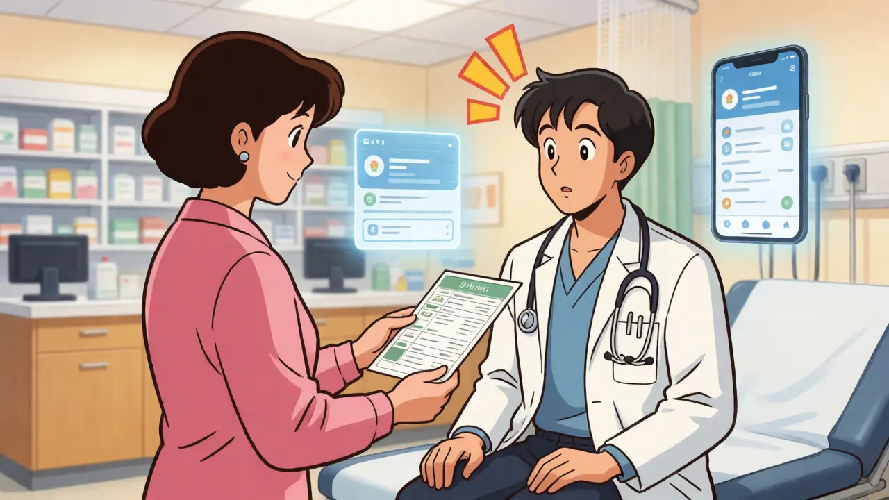 Patient handing medication list to surprised doctor in anime style