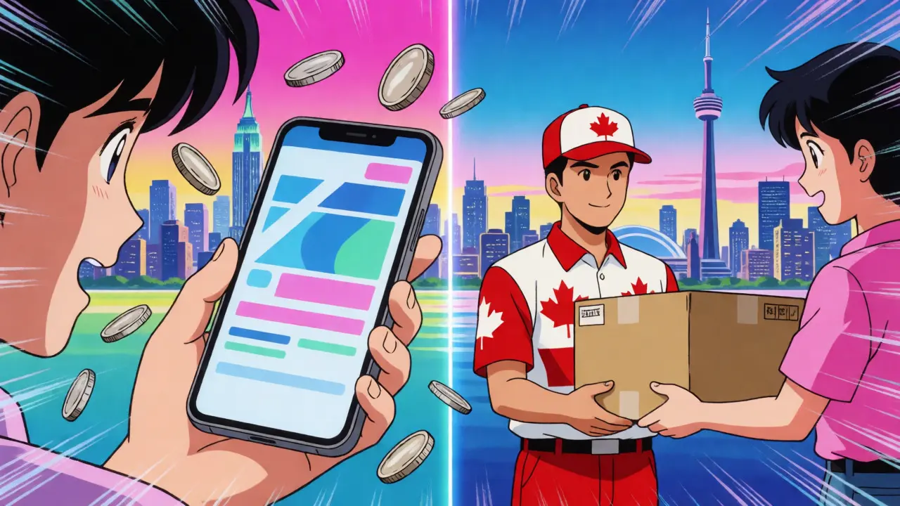 Split screen showing digital coupons and Canadian drug shipping.